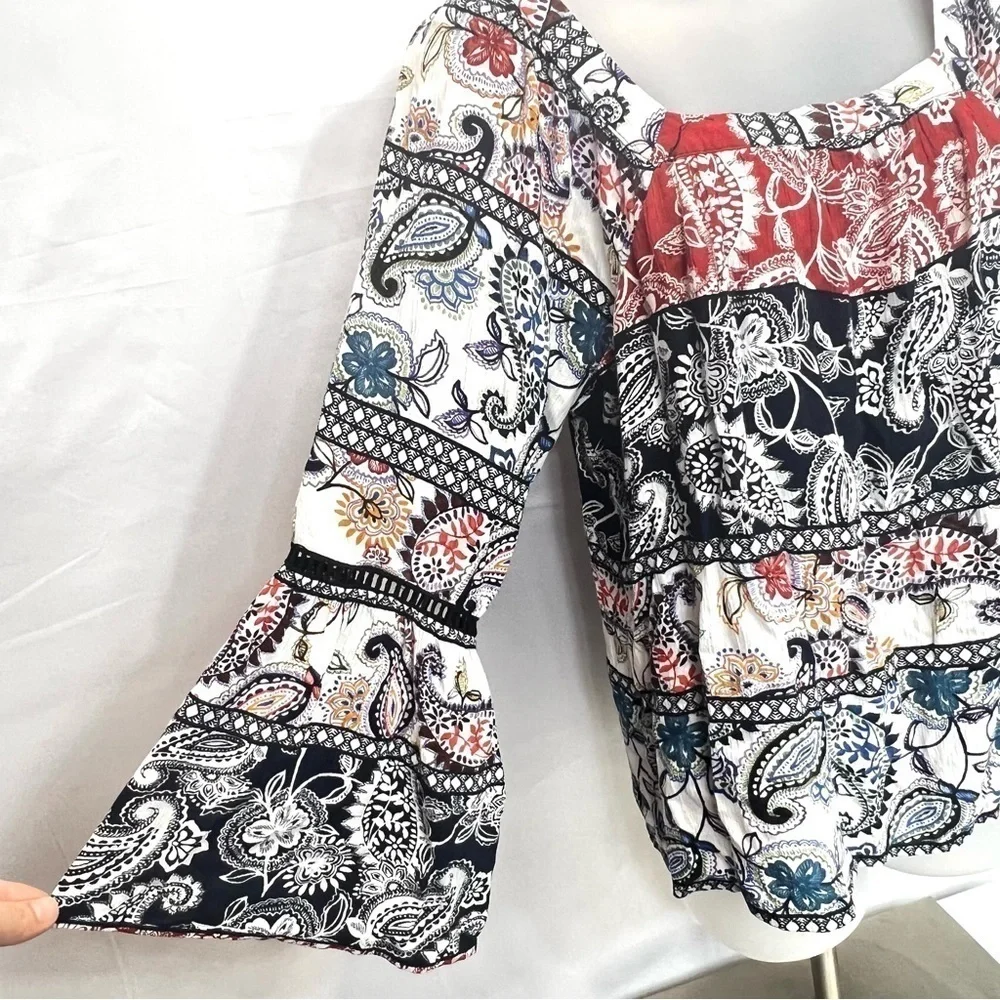 Cupio Women’s Multicolored Floral Lace Boho Bell Sleeve Paisley Top Size M - Picture 5 of 8